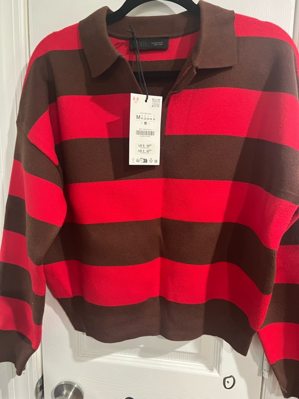 Zara Red and Brown Striped V‑Neck Pullover - Picture 3 of 3